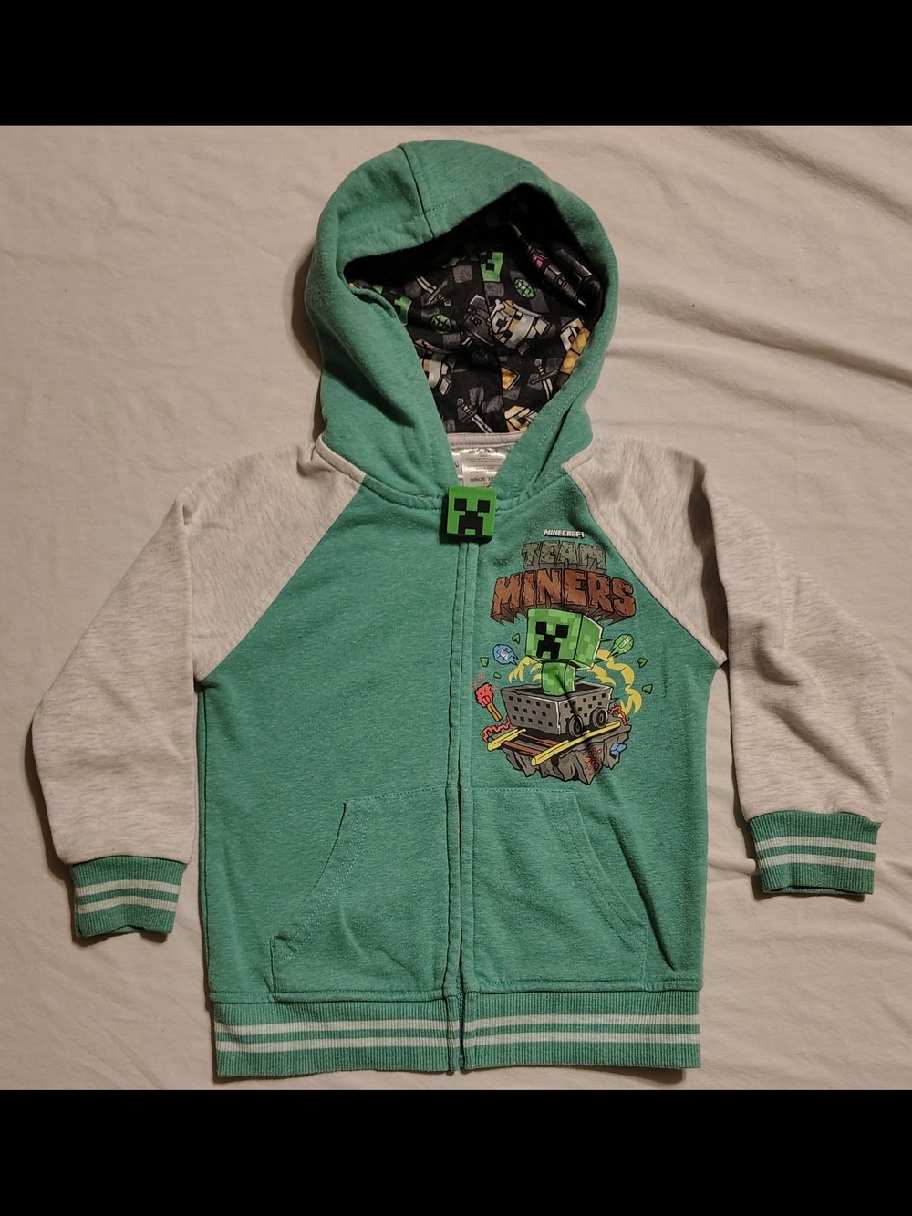Minecraft Green Kids Hoodie Zip-Up Sweatshirt Size Boys XS 4/5